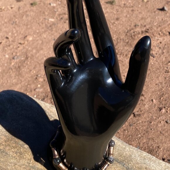 Wanderer and Gatherer Bracelet - Silver Obsidian and Bamboo brass bead SM-MED - Picture 4 of 5